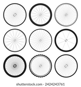 Realistic 3d bicycle wheels. Bike rubber tyres, shiny metal spokes and rims. Fitness cycle, touring, sport, road and mountain bike. Vector illustration