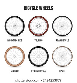 Realistic 3d bicycle wheels. Bike rubber tyres, shiny metal spokes and rims. Fitness cycle, touring, sport, road and mountain bike. Vector illustration