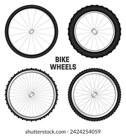 Realistic 3d bicycle wheels. Bike rubber tyres, shiny metal spokes and rims. Fitness cycle, touring, sport, road and mountain bike. Vector illustration