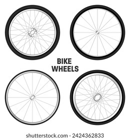 Realistic 3d bicycle wheels. Bike rubber tyres, shiny metal spokes and rims. Fitness cycle, touring, sport, road and mountain bike. Vector illustration