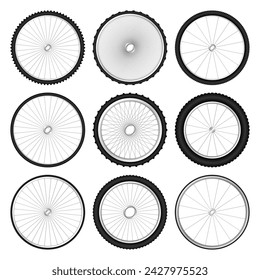 Realistic 3d bicycle wheels. Bike rubber tyres, shiny metal spokes and rims. Fitness cycle, touring, sport, road and mountain bike. Vector illustration