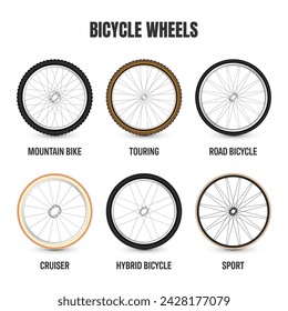 Realistic 3d bicycle wheels. Bike rubber tyres, shiny metal spokes and rims. Fitness cycle, touring, sport, road and mountain bike. Vector illustration