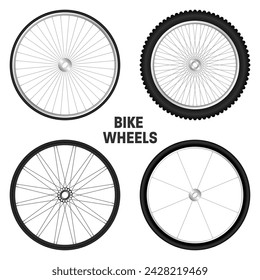 Realistic 3d bicycle wheels. Bike rubber tyres, shiny metal spokes and rims. Fitness cycle, touring, sport, road and mountain bike. Vector illustration