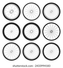 Realistic 3d bicycle wheels. Bike rubber tyres, shiny metal spokes and rims. Fitness cycle, touring, sport, road and mountain bike. Vector illustration