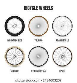 Realistic 3d bicycle wheels. Bike rubber tyres, shiny metal spokes and rims. Fitness cycle, touring, sport, road and mountain bike. Vector illustration