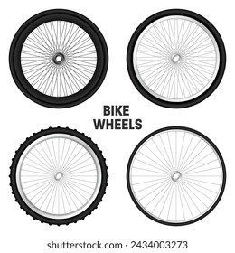 Realistic 3d bicycle wheels. Bike rubber tyres, shiny metal spokes and rims. Fitness cycle, touring, sport, road and mountain bike. Vector illustration