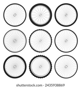 Realistic 3d bicycle wheels. Bike rubber tyres, shiny metal spokes and rims. Fitness cycle, touring, sport, road and mountain bike. Vector illustration