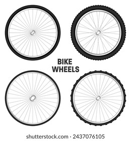 Realistic 3d bicycle wheels. Bike rubber tyres, shiny metal spokes and rims. Fitness cycle, touring, sport, road and mountain bike. Vector illustration