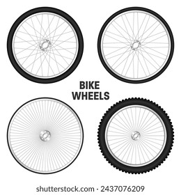 Realistic 3d bicycle wheels. Bike rubber tyres, shiny metal spokes and rims. Fitness cycle, touring, sport, road and mountain bike. Vector illustration