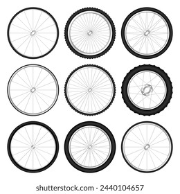 Realistic 3d bicycle wheels. Bike rubber tyres, shiny metal spokes and rims. Fitness cycle, touring, sport, road and mountain bike. Vector illustration