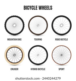 Realistic 3d bicycle wheels. Bike rubber tyres, shiny metal spokes and rims. Fitness cycle, touring, sport, road and mountain bike. Vector illustration