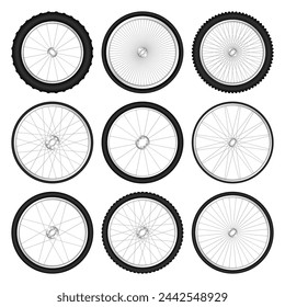 Realistic 3d bicycle wheels. Bike rubber tyres, shiny metal spokes and rims. Fitness cycle, touring, sport, road and mountain bike. Vector illustration