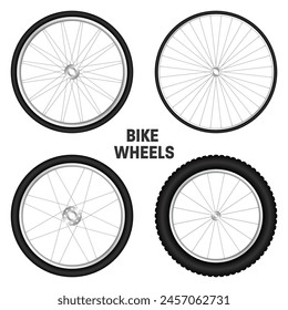 Realistic 3d bicycle wheels. Bike rubber tyres, shiny metal spokes and rims. Fitness cycle, touring, sport, road and mountain bike. Vector illustration