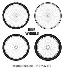 Realistic 3d bicycle wheels. Bike rubber tyres, shiny metal spokes and rims. Fitness cycle, touring, sport, road and mountain bike. Vector illustration