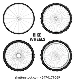 Realistic 3d bicycle wheels. Bike rubber tyres, shiny metal spokes and rims. Fitness cycle, touring, sport, road and mountain bike. Vector illustration.