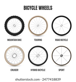 Realistic 3d bicycle wheels. Bike rubber tyres, shiny metal spokes and rims. Fitness cycle, touring, sport, road and mountain bike. Vector illustration