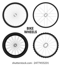 Realistic 3d bicycle wheels. Bike rubber tyres, shiny metal spokes and rims. Fitness cycle, touring, sport, road and mountain bike. Vector illustration