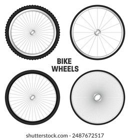 Realistic 3d bicycle wheels. Bike rubber tyres, shiny metal spokes and rims. Fitness cycle, touring, sport, road and mountain bike. Vector illustration