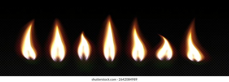Realistic 3d birthday candle flames collection on dark background - glowing fire elements with warm light effects in different shapes and movements for party decorations, cake designs or celebration.