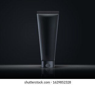 Realistic 3d black cosmetic tube mock up. Dark themed illustration. Dark background.