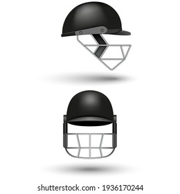 Modelación real de casco de cricket negro en 3d aislada en frente de fondo blanco y en el lado dos vistas, objeto vectorial equipo deportivo protección de cabeza