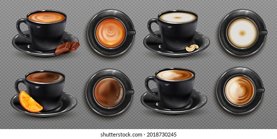Realistic 3d black cups of coffee with spoon, top and side view, cappuccino, cocoa, americano, espresso, mocha, latte. Set of realistic vector illustrations isolated on copy space background