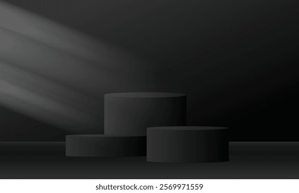 Realistic 3d black empty podium on black background. Elegant stage design for product demonstration and marketing promotion, advertising, banner, poster. Vector illustration.