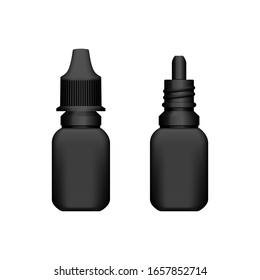 Realistic 3d black eyedropper bottle for packaging design. Product advertising. Vector illustration. Container for medicine and hygiene mockup - eye or nose drops