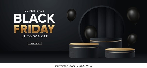 Realistic 3D Black Friday podium on a black background. Perfect for product display, mockups, showrooms and showcases. Vector illustration