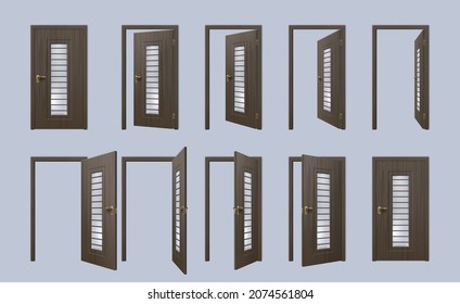 Realistic 3d Black Front Wooden Door Open And Close. House, Apartment Or Room Entrance Doorframe With Doors Ajar, Animation Frame Vector Set. Modern Interior Element For Entry With Metal Knob