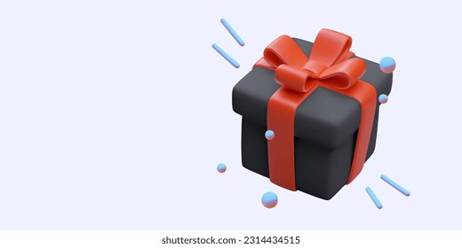 Realistic 3d black gift box with red ribbon. Promo poster with place for text for souvenir shop. Big promotion, gifts to customers concept. Cartoon vector illustration