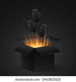 Realistic 3d black gift box with flying balloons and magic golden dust. Graphic elements for your sale design. Vector illustration. EPS 10.