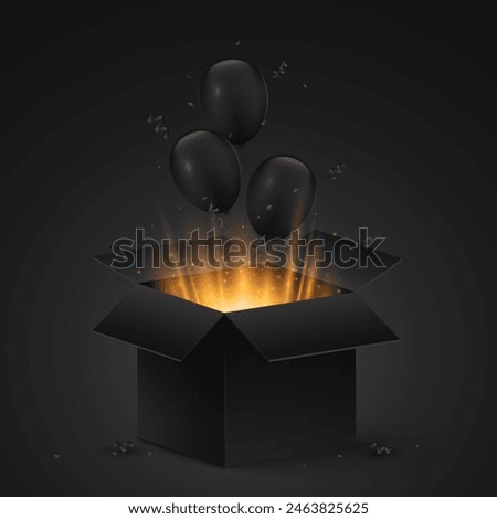 Realistic 3d black gift box with flying balloons and magic golden dust. Graphic elements for your sale design. Vector illustration. EPS 10.