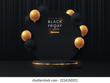 Realistic 3D black, golden cylinder pedestal podium with round circle background and balloon. Black friday sale concept, Vector abstract minimal scene for products stage showcase, Promotion display.