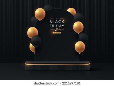 Realistic 3D black, golden round pedestal podium with arch shape luxury background and balloon flying. Black friday sale promotion display, Vector abstract minimal scene for products stage showcase.