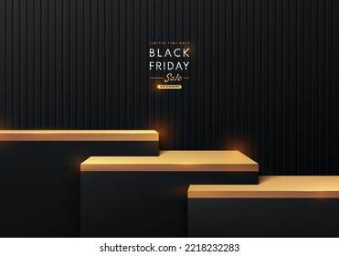 Realistische 3D-Schwarz, goldene Treppenkwürfel stehen Podium mit vertikalen Linien Texturhintergrund. Black Friday Sales Konzept, Vektor abstrakte Minimal-Szene-Produkte Bühne-Showcase, Promotion-Display.