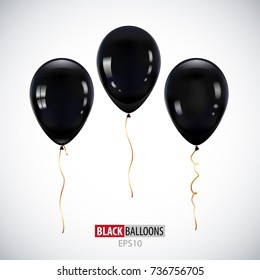 Realistic 3D Black helium balloons on white background. Set of glossy balloons for your design.