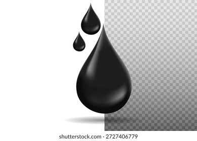 Gotas y goteos líquidos negros 3D realistas, adecuados para diseños abstractos, conceptos de tinta, efectos de salpicadura y elementos visuales modernos.
