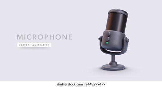 Realistic 3d black microphone isolated on light background. Vector illustration