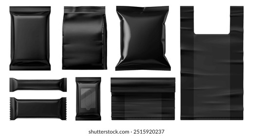 Maqueta realista del paquete negro 3D. Barra y salsa, bolsita y bolsa de basura, toallitas húmedas y tipos de embalaje de bolsa. Conjunto de Vector 3D de maquetas para presentaciones y promociones de productos y mercancías