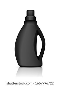 Realistische 3D-Schwarze Plastikflasche, einzeln auf weißem Hintergrund. Vektorillustration-Illustration für das Paketdesign. Packung für Flüssigwaschmittel, Weichspüler, Stofffleckenentferner