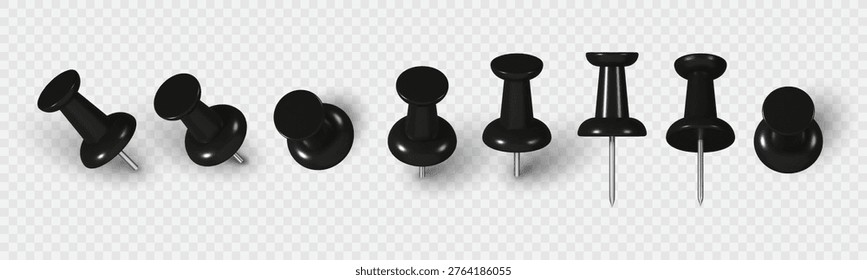 Realistic 3D black push pin. Plastic thumbtack set shown from multiple angles with soft shadow effect. Perfect element for office notes, school reminders, pin boards, maps, and announcement graphics.
