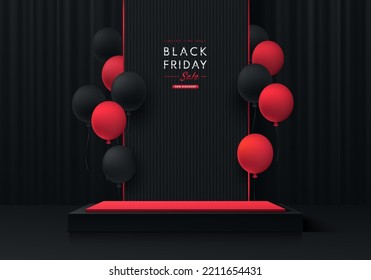 Podio peatonal 3D negro, caja de cubo rojo realista con fondo de cortina negra y globos rojos. concepto de venta de viernes negro, escaparate de escena mínima abstracta vectora, pantalla de promoción.