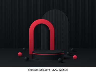 Realistic 3D black, red cylinder pedestal podium with arch shapes and black curtain background. Black friday sale concept, Vector abstract minimal scene for products stage showcase, Promotion display.