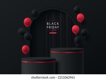 Realistic 3D black, red cylinder stand podium with dark curtain in arch window and balloon. Black friday sale concept, Vector abstract minimal scene products round stage showcase, Promotion display.