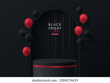 Realistic 3D black, red cylinder stand podium with dark curtain in arch window and balloon. Black friday sale concept, Vector abstract minimal scene products round stage showcase, Promotion display.