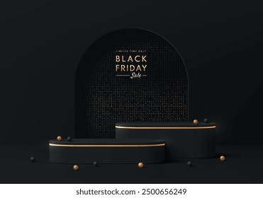 Fondo realista del podio redondo negro 3D con brillo dorado en la escena de la puerta del arco. Concepto de venta de Black Friday. Pedestal de maqueta de Vector minimalista, presentación Abstractas del producto, escaparate del escenario.