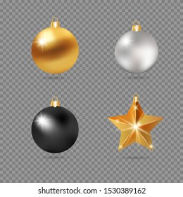 Realistic 3d Black, Silver and Gold Christmas Ball Fir Toys star shape golden silver sparkle. New Year tree decoration gold handling. Isolated on transparent grid design element