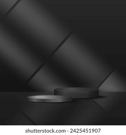 realistic 3D black and silver podium on black background with light