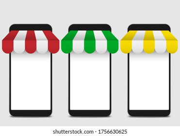 Realistic 3d black smartphone with canopy mockup collection​ isolated on background. modern mobile phone collection with copy space. online shopping technology vector illustration